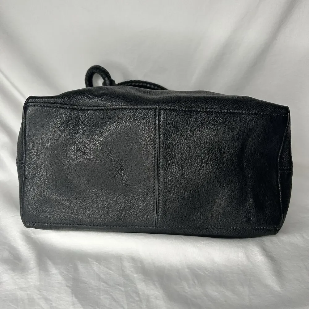 Cole Haan Black Pebbled Leather Shoulder Bag Braided Handles Magnetic Closure